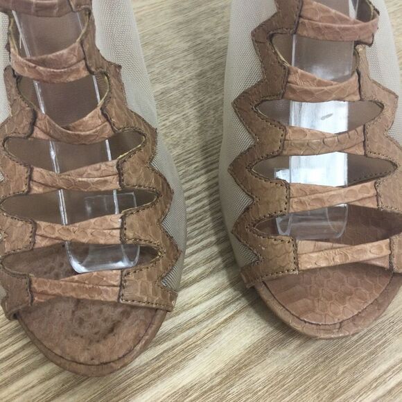 Reed Evins Anthropologie Women Mesh Leather Reptile Open Toe Heels Tan Ivory 7.5 - Picture 9 of 16